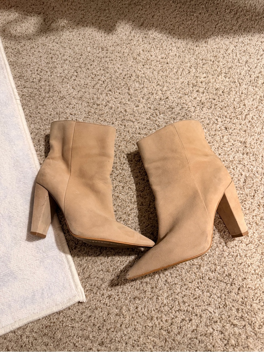 Vince Camuto Pointed-Toe Suede Ankle Boots in Beige